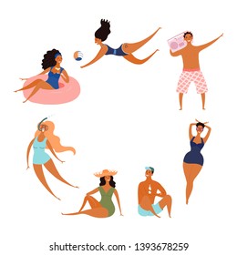 Round frame made of happy people in swimwear, with space for text. Hand drawn vector illustration. Isolated objects on white background. Flat style design. Concept, element for summer poster, banner.