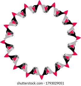 Round frame made of hearts and human palms of two colors. The concept of the unity of races and nationalities. The idea of ​​the unity of peoples. Copy space for text.