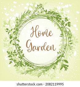 Marco redondo hecho de hierbas y plantas. Dibujo a mano de color. Vector para menú, restaurante,
el diseño de la cocina y la comida.
