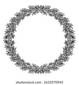 Ronde frame gemaakt van bladeren. Hand getrokken element schets stijl botanische frame. Vectoromtrek van het kader van de bladcirkel