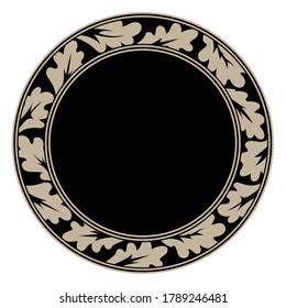 Round frame made of oak leaves in vintage style, isolated on white, vector illustration