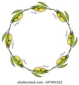 Round frame made of olive branches with leaves and fruits. Olive wreath. Vector illustration isolated on white background for design of packaging, labels and other items.