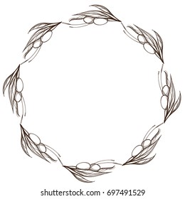 Round frame made of olive branches with leaves and fruits. Olive wreath. Outline vector illustration isolated on white background for design of packaging, labels and other items.