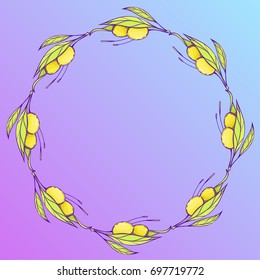 Round frame made of olive branches with leaves and fruits. Olive wreath. Decorative element for design of packaging, labels and other items.