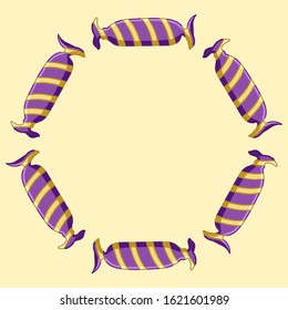 Round frame made of oval candies in purple with yellow stripes wrapper. Yellow background, vector.