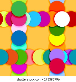 Round frame made of overlaid multicolor circles on blue background