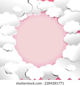 Round frame made of paper clouds on a pink background. Place for your text. Paper cut and craft style. For Valentine's Day, Mother's Day, Women, Wedding, Love, Easter, Birthday and more.