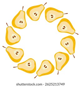 Round frame made of pear halves in Hand drawn style on a white background. Summer illustration.