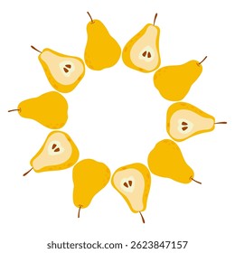 Round frame made of pears in Hand drawn style on a white background. Summer illustration