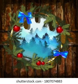 Round frame made of pine branches with cones. Wooden old boards background. Christmas wreath. Vector illustration for Christmas and New Year greeting cards, invitations and other items.