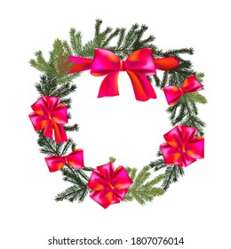 Round frame made of pine branches with red bows.. Christmas wreath. Vector illustration for Christmas and New Year greeting cards, invitations and other items.