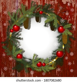 Round frame made of pine branches with cones. Wooden old boards background. Christmas wreath. Vector illustration for Christmas and New Year greeting cards, invitations and other items.
