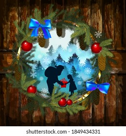 Round frame made of pine branches with cones. Wooden old boards background. Christmas wreath. Vector illustration for Christmas and New Year greeting cards, invitations and other items.
