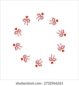 A round frame made of pink bows and hearts, drawn by hand. A delicate and subtle feminine romantic decorative frame for invitations, postcards, packaging, branding, and romantic design projects.