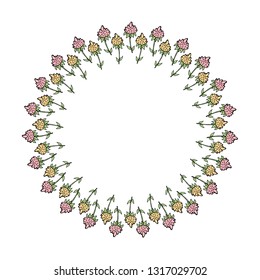 Round frame made of pink and yellow flower doodles. Romantic wreath on white background for your design.  