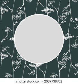 a round frame made of a plant flower. a template of hand-drawn edible flower parsley seeds, a white outline on dark green, with an empty white circle for text for a label with a floral design