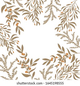 Round frame made of plants and branches with berry. Woodland wreath. Forest plants border. Template with copy space for wedding invitations and greeting cards. Vector stock illustration