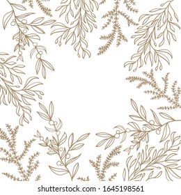 Round frame made of plants and branches with berry. Woodland wreath. Forest plants border. Template with copy space for wedding invitations and greeting cards. Outline. Vector stock illustration