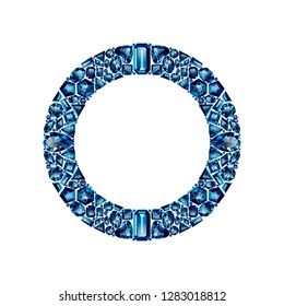 Round frame made of realistic blue amethysts with complex cuts isolated on white background. Jewel and jewelry. Colorful gems and gemstones. 