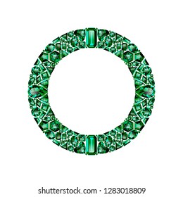 Round frame made of realistic green emeralds with complex cuts isolated on white background. Jewel and jewelry. Colorful gems and gemstones. 