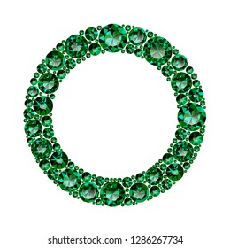 Round frame made of realistic green emeralds with complex cuts isolated on white background. Jewel and jewelry. Colorful gems and gemstones. Magna, royal, zinnia, trap, single, swiss, sphere, zircon.