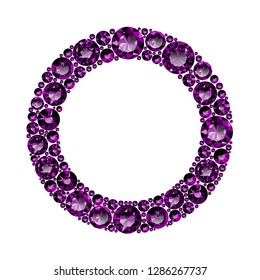 Round frame made of realistic purple amethysts with complex cuts isolated on white background. Jewel and jewelry. Colorful gems and gemstones. Magna, royal, zinnia, trap, single, swiss, sphere, zircon