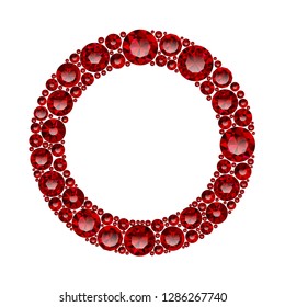 Round frame made of realistic red rubies with complex cuts isolated on white background. Jewel and jewelry. Colorful gems and gemstones. Magna, royal, zinnia, trap, single, swiss, sphere, zircon.