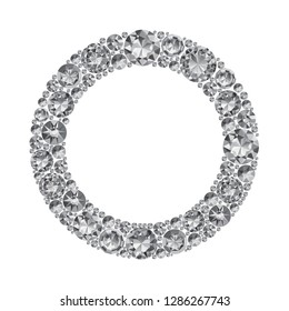 Runder Rahmen aus realistischen, leuchtenden Diamanten mit komplexen Schnitten einzeln auf weißem Hintergrund. Juwel und Schmuck. Farbige Edelsteine und Edelsteine. Magna, Königshaus, Zinnia, Falle, Einzel, Schweiz, Kugel, Zirkon