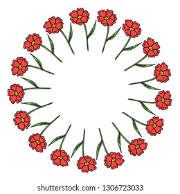 Round frame made of red flowers. Romantic wreath on white background for your design