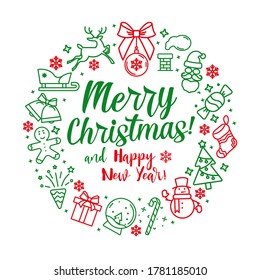 round frame made with red and green funny pictures and text Merry Christmas and Happy New Year on white background