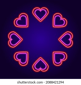 round frame made of red neon hearts. a pattern of neon hearts, pink and red lines, romantic arranged in a circle for your design