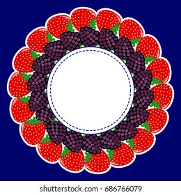 Round frame, made of ripe berries in a white stroke on a dark background, with a place for text in the center.