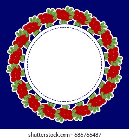 Round frame, made of ripe berries in a white stroke on a dark background, with a place for text in the center.