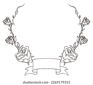 Round frame made with roses, buds, stem, leaves and ribbon. Template design in hand drawn style.