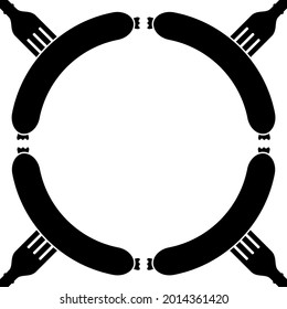 Round frame made of sausages and forks. Food theme. Vector illustration and drawing with blank background inside. Black and white silhouette. Template for design.