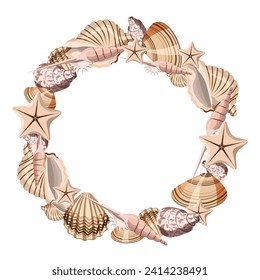 Round frame made of seashells on a white background. Vector frame can be used for banners, restaurant menus, postcards.