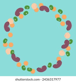 Round frame made of several beans (lentil, mung bean, chickpea, bean), isolated on blue background. Vector illustration. Healthy food. 