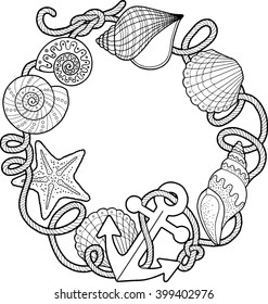 Round frame made of shells. Coloring pages. Vector elements