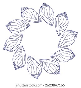 Round frame made of shells on a white background in Hand drawn whimsical style