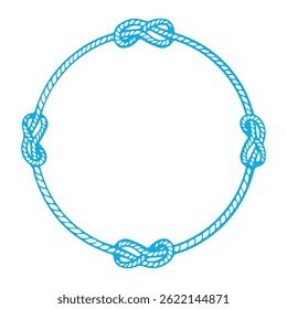 Round frame made of ship rope in blue color. Round border made of braided cord. Vector illustration of frame made of marine knots isolated on white background.