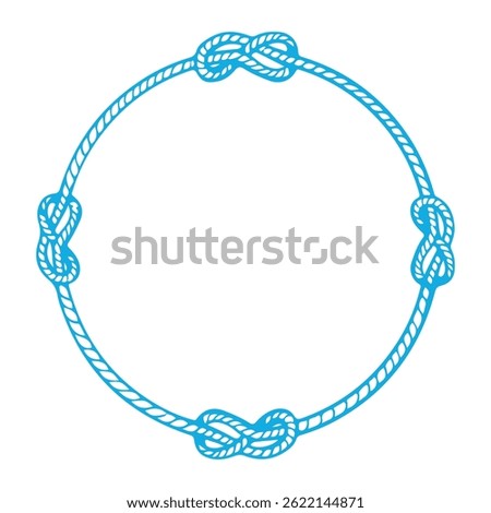 Round frame made of ship rope in blue color. Round border made of braided cord. Vector illustration of frame made of marine knots isolated on white background.