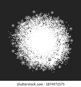Round frame made of snow in winter with empty space for text. A circle, ring shapes from spots, dots, beads, blots, snowflakes. New Year, Christmas dotty abstract backgrounds, border templates.