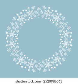 Quadro redondo feito de flocos de neve isolados em um fundo azul pastel. Flocos de neve brancos e estrelas pequenas. Ilustração vetorial, elemento de design.