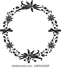 Round frame made of spices. Vanilla, cardamom, cloves, cinnamon, star anise - vector silhouette. Frame with spices for stenciling, printing or cutting out