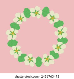 Round frame made of strawberry's hand drawn flower and leaf, isolated on pink background (backdrop). 