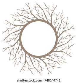 Round frame made of tree branches, wreath. Composition of stylized tree branches. Graphics abstract background for design. Monochrome vector illustration.