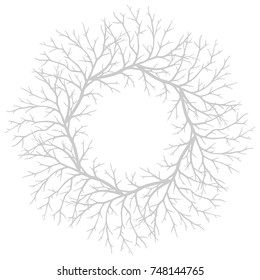 Round frame made of tree branches, wreath. Composition of stylized tree branches. Graphics abstract background for design. Monochrome vector illustration.