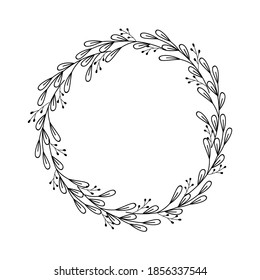 Round frame made of twigs, leaves, berries. Outline drawing of the border. Wreath for signboard, greeting card, carving, crafts, scrapbooking. Vector illustration isolated on white background