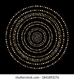 Round frame made of uneven dots, gold beads, golden foil spangles, glitters. Simple dotty circle shapes set of various diameter. Editable graphic design element, background, template for borders. 