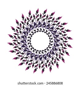 Round frame made of various leaves in watercolor. Hand-painted watercolor design elements.